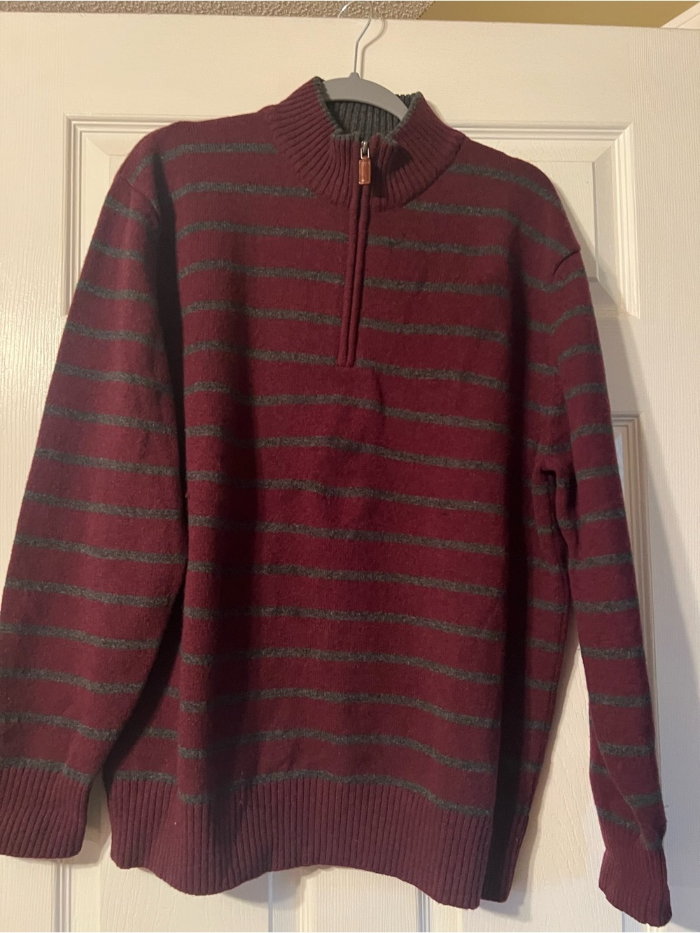 Orvis Burgundy and Gray Quarter-Zip Striped Sweater